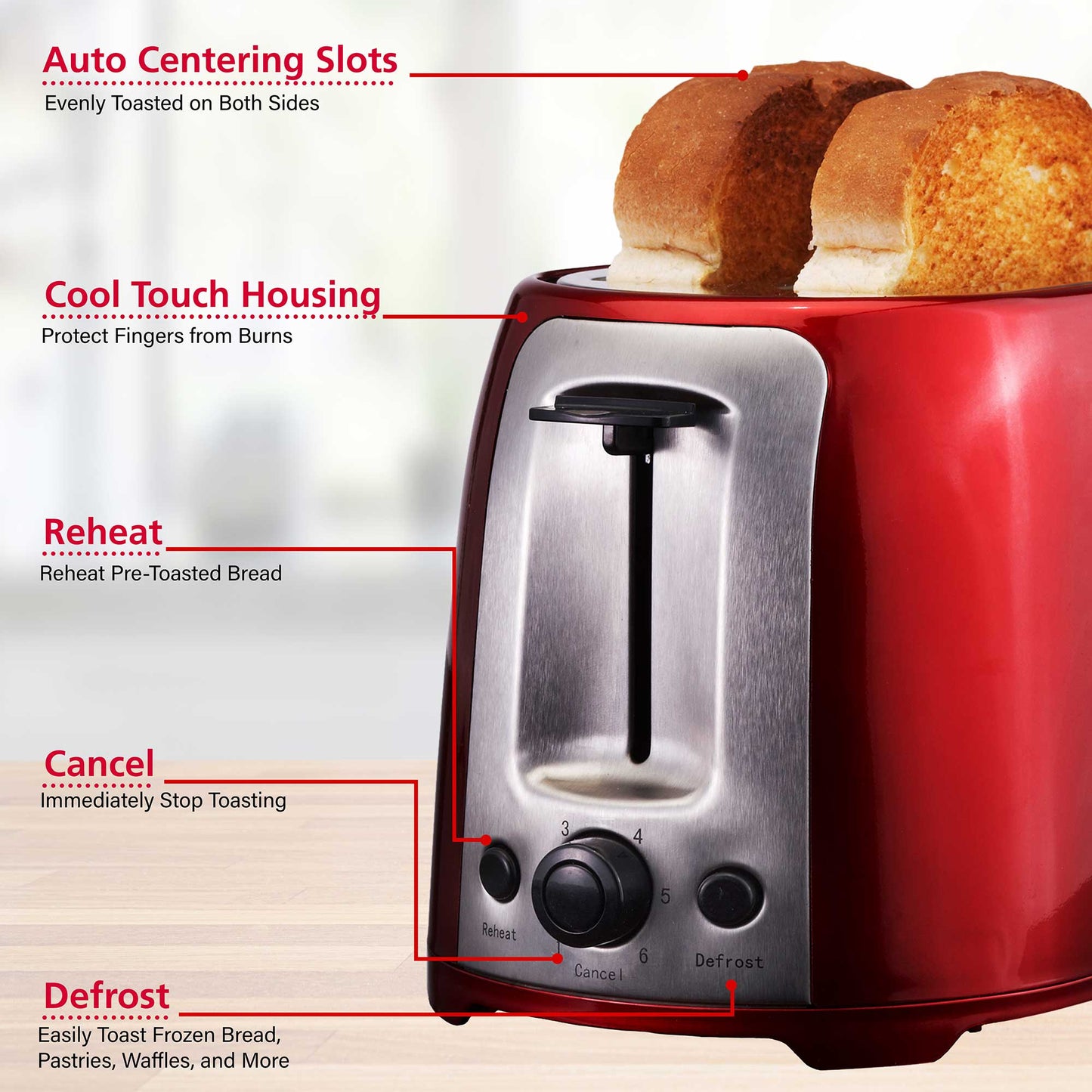 Brentwood Cool Touch 2-Slice Extra Wide Slot Toaster, Red