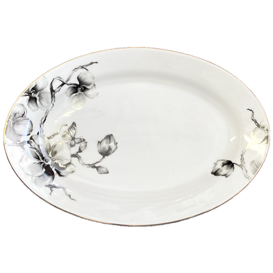 Black Flower Oval Plate