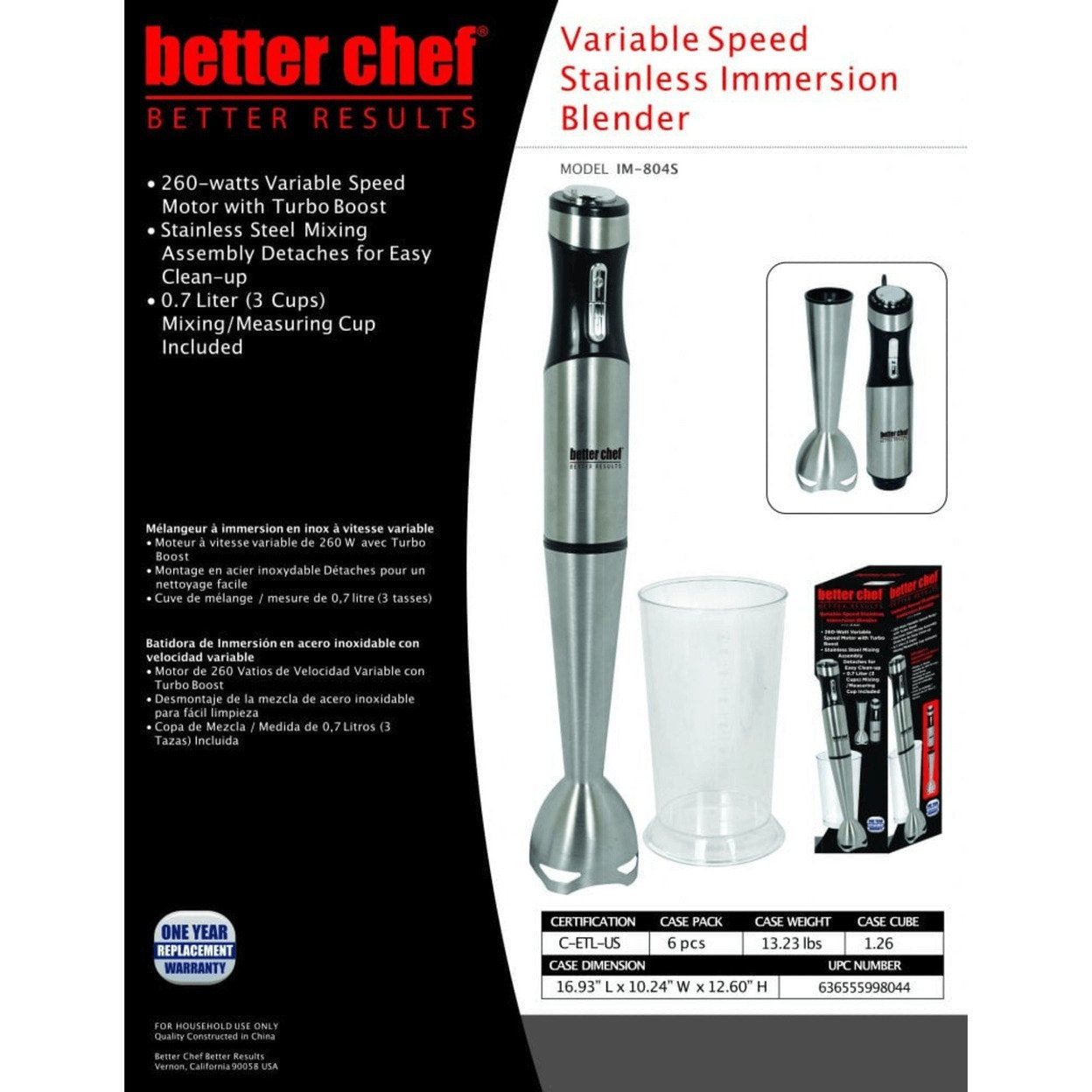 Better Chef 260W Variable Speed Stainless Steel Immersion Blender