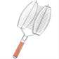 2 Fishes BBQ Grill Basket Wire Mesh Grilling Net with Long Wooden Handle