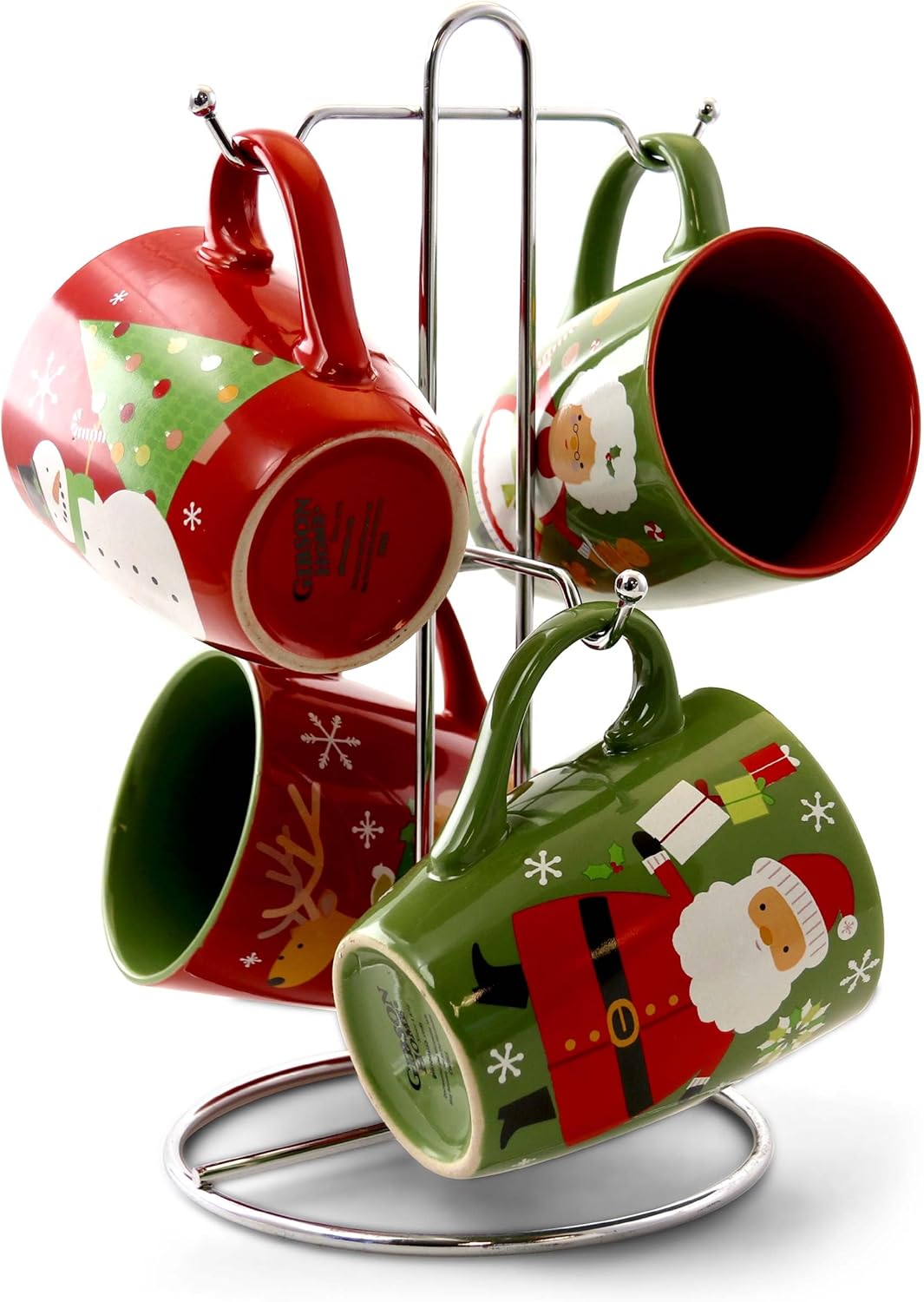 5 PC Gibson Home Santa Smile Ceramic Mug Set with Rack