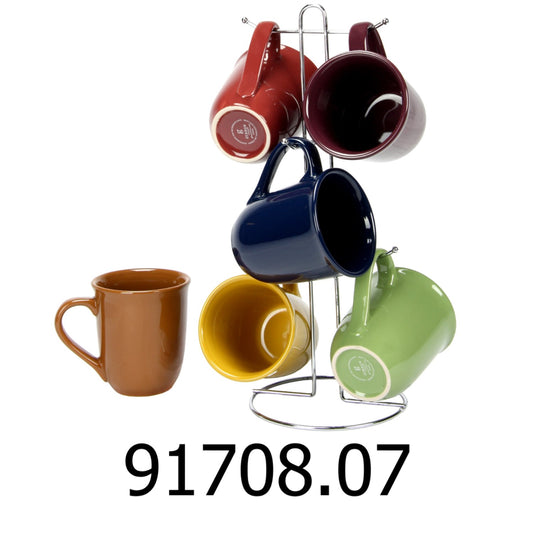 7 PC Gibson Home Everyday Contempo Hues Assorted Ceramic 15-Ounce Mug Set with Rack