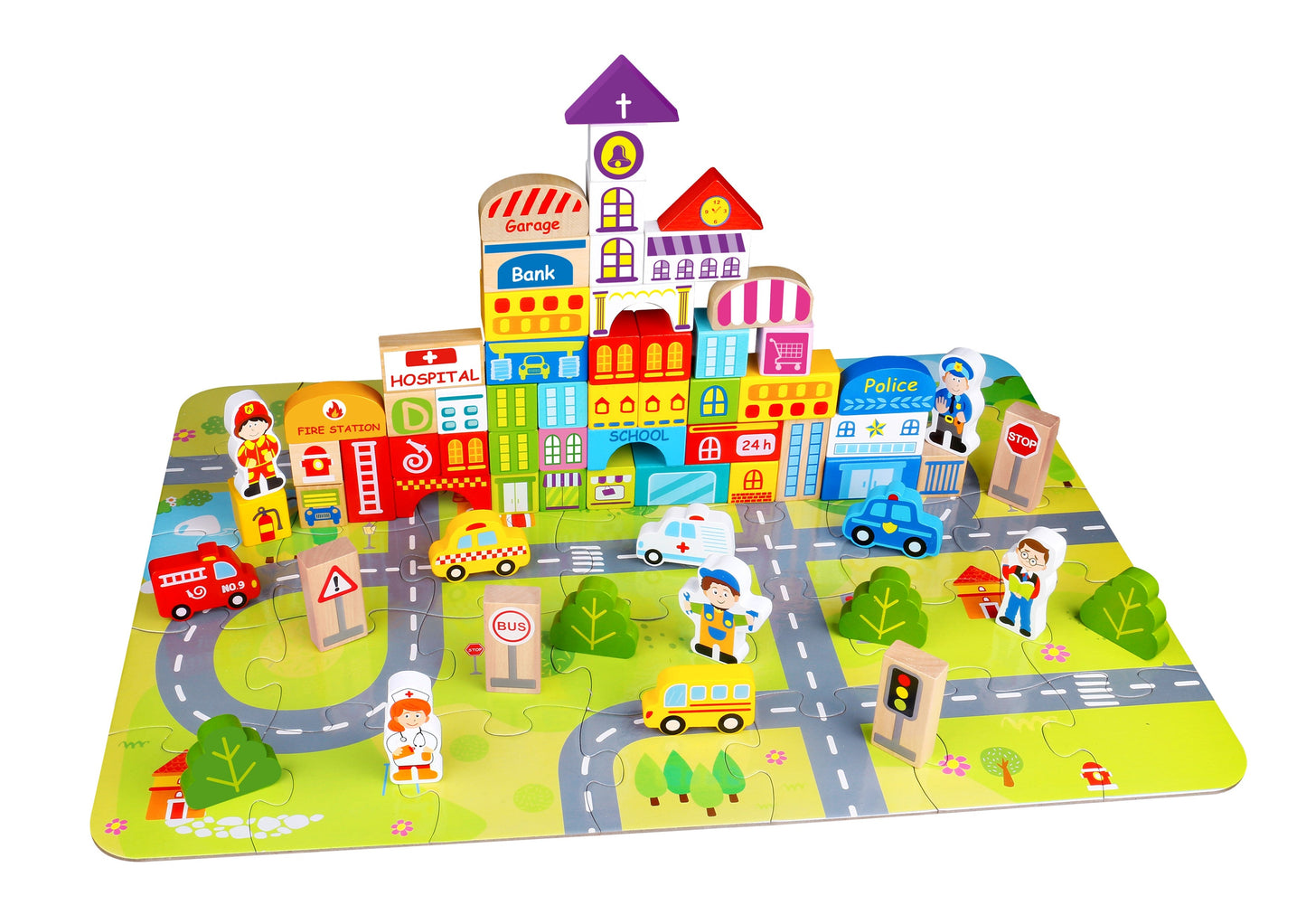 Toyster's 100 PC Wooden City Building Blocks With Mat