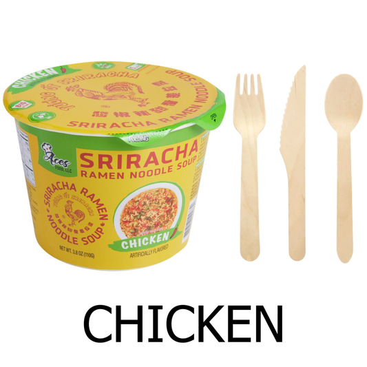 12 PC Tuong Ot Sriracha Chicken Flavor Ramen Noodle Soup & 24 PC Wooden Cutlery