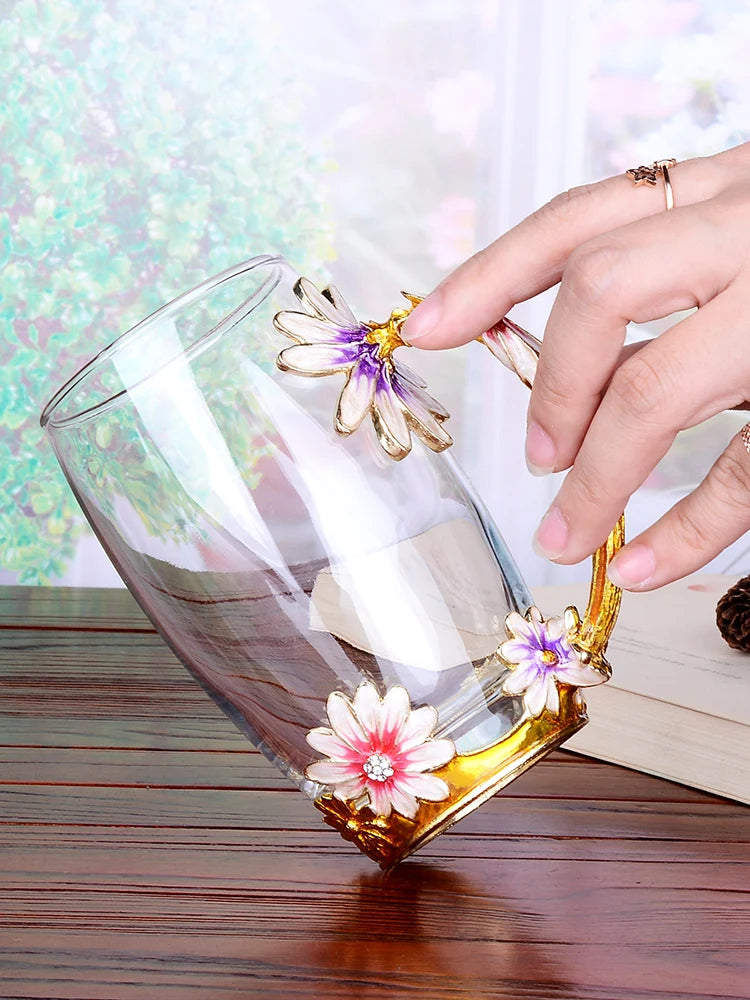 Purple Flower Glass Tea Cup / Coffee Mugs