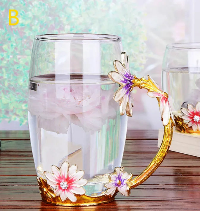 Purple Flower Glass Tea Cup / Coffee Mugs