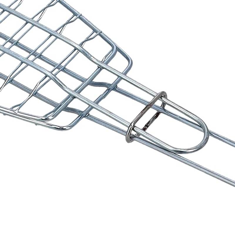 1 Fish BBQ Grill Basket Wire Mesh Grilling Net with Long Wooden Handle