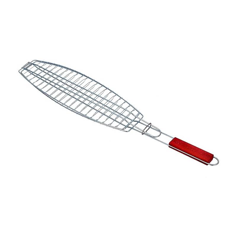 1 Fish BBQ Grill Basket Wire Mesh Grilling Net with Long Wooden Handle