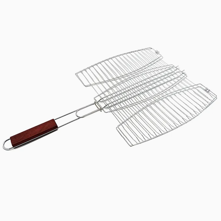 3 Fishes BBQ Grill Basket Wire Mesh Grilling Net with Long Wooden Handle