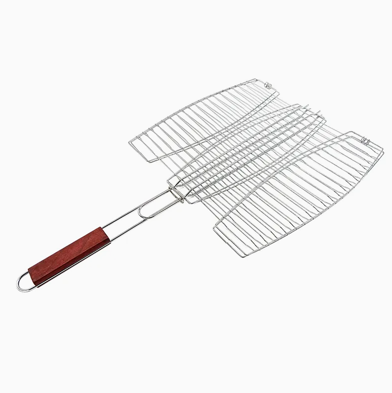 3 Fishes BBQ Grill Basket Wire Mesh Grilling Net with Long Wooden Handle