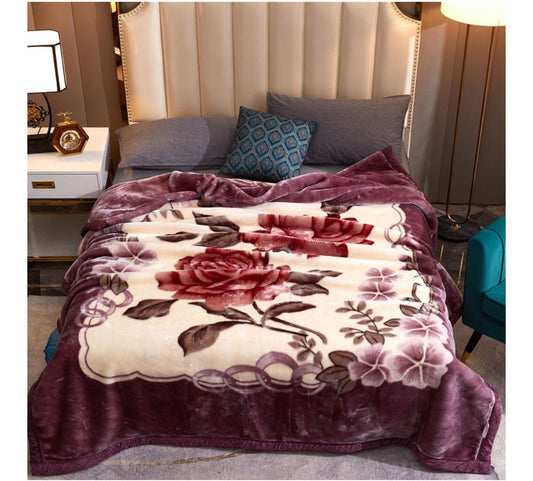 10 LB Korean Heavy Plush 2 Ply Mink Blankets with Luxury Purple Floral Design Queen-Sized