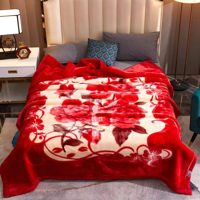 10 LB Korean Heavy Plush 2 Ply Mink Blankets with Rachel Red Floral Design Queen-Sized