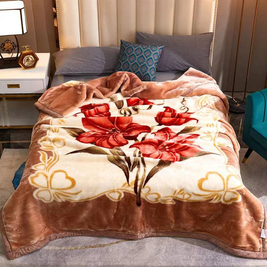 10 LB Korean Heavy Plush 2 Ply Mink Blankets with Mocha Brown Border and Red Orange Floral Design Queen-Sized