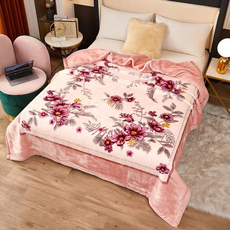 10 LB Korean Heavy Plush 2 Ply Mink Blankets with Pink Floral Pattern Queen-Sized