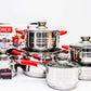 12 PC Stainless Steel Cookware Set with Red Handle