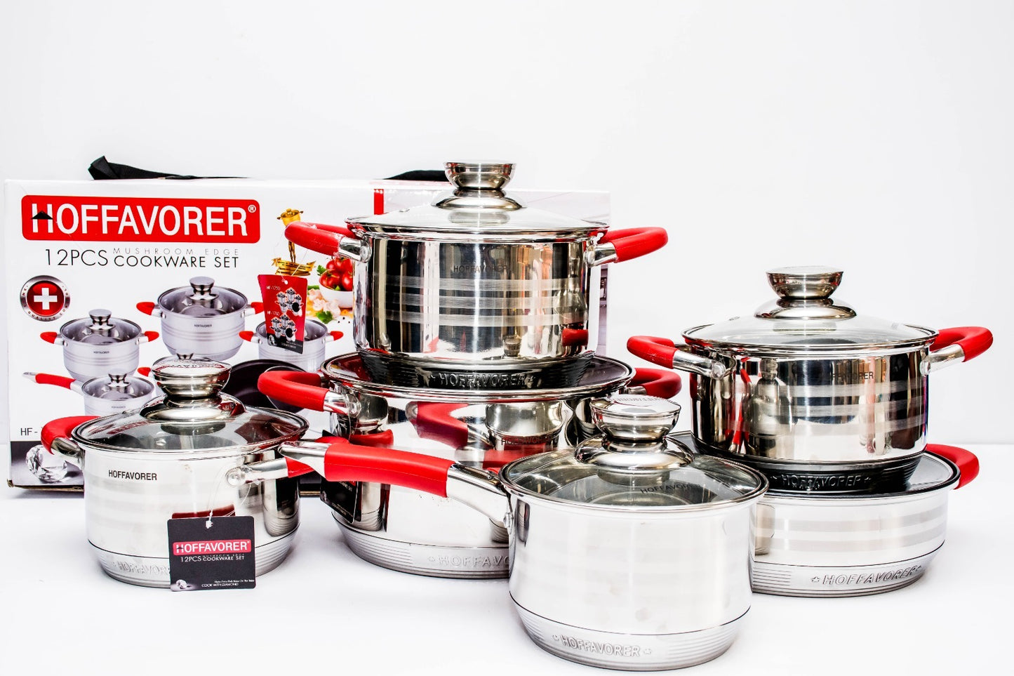 12 PC Stainless Steel Cookware Set with Red Handle