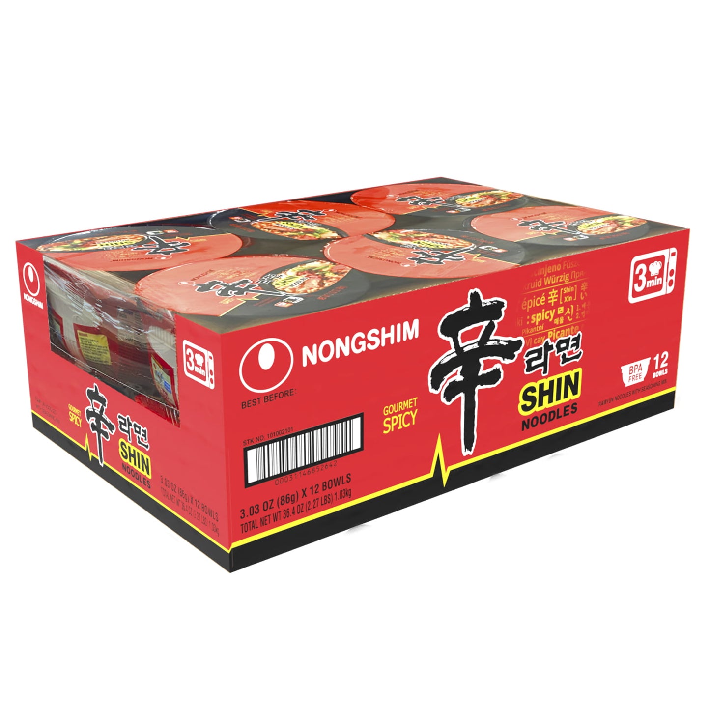 Nongshim Shin Original Ramyun Bowl, Gourmet Spicy Flavor (Pack of 12)