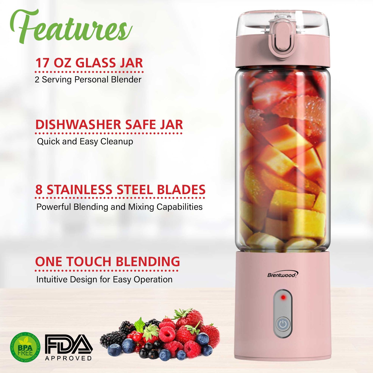 17oz Brentwood Portable Battery Operated USB Glass Blender