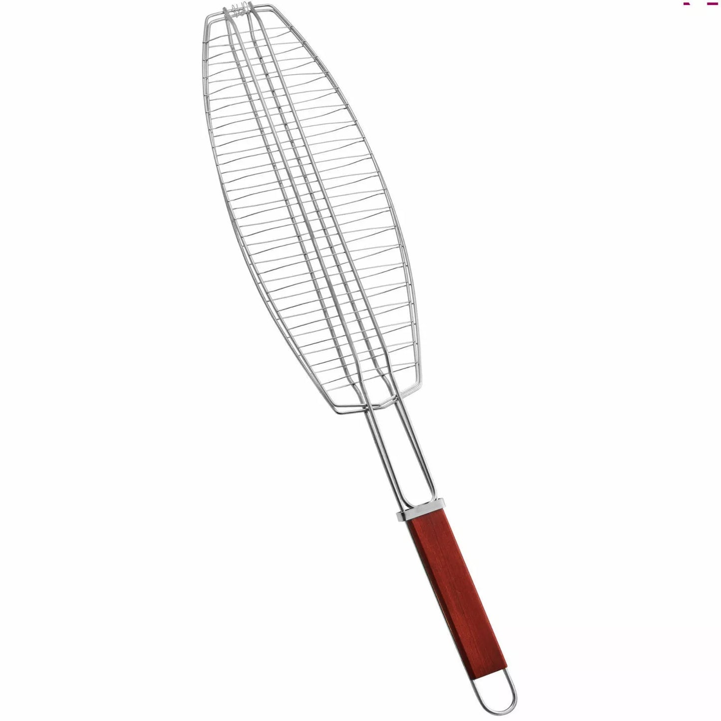 1 Fish BBQ Grill Basket Wire Mesh Grilling Net with Long Wooden Handle