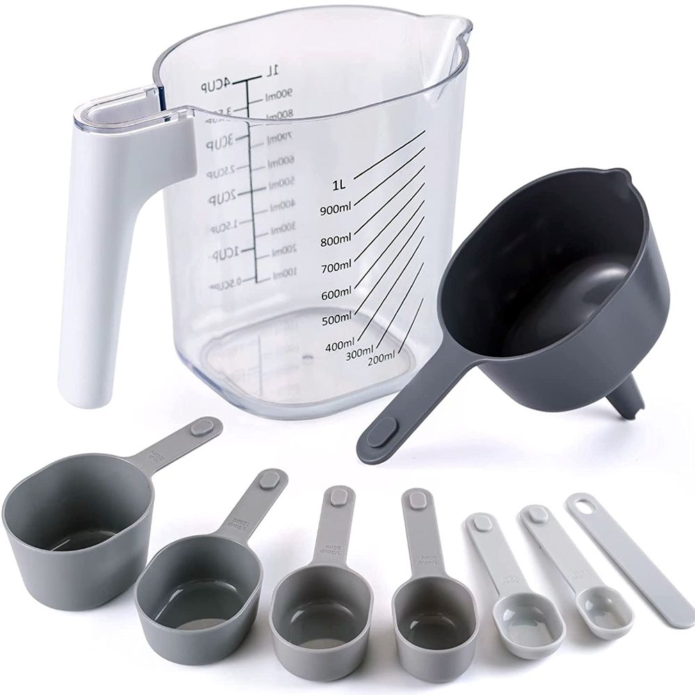 COOK WITH COLOR Measuring Cup Set - 9 PC. Nesting Stackable Liquid Measure  Cup, Dry Measuring Cups and Spoons with Funnel and Scraper (Grey and Pink)