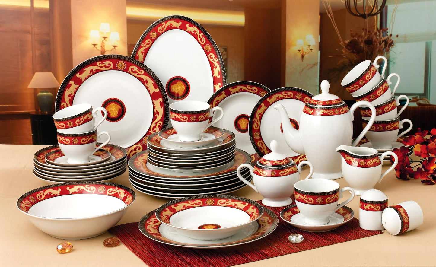 49 PC Greek Red Medusa Pattern Royal Dinner Set