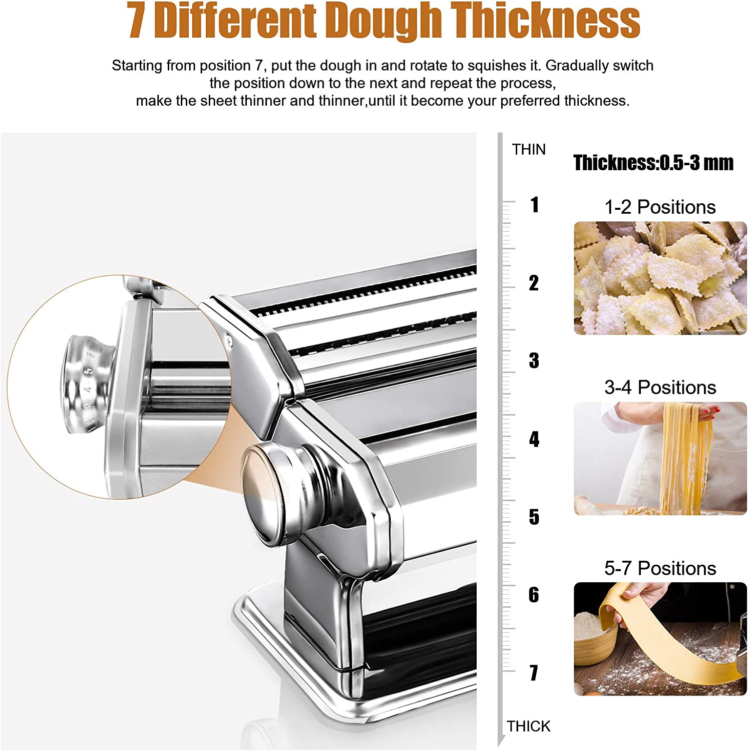 Pasta Roller Maker Stainless Steel Manual Pasta Machine with 7