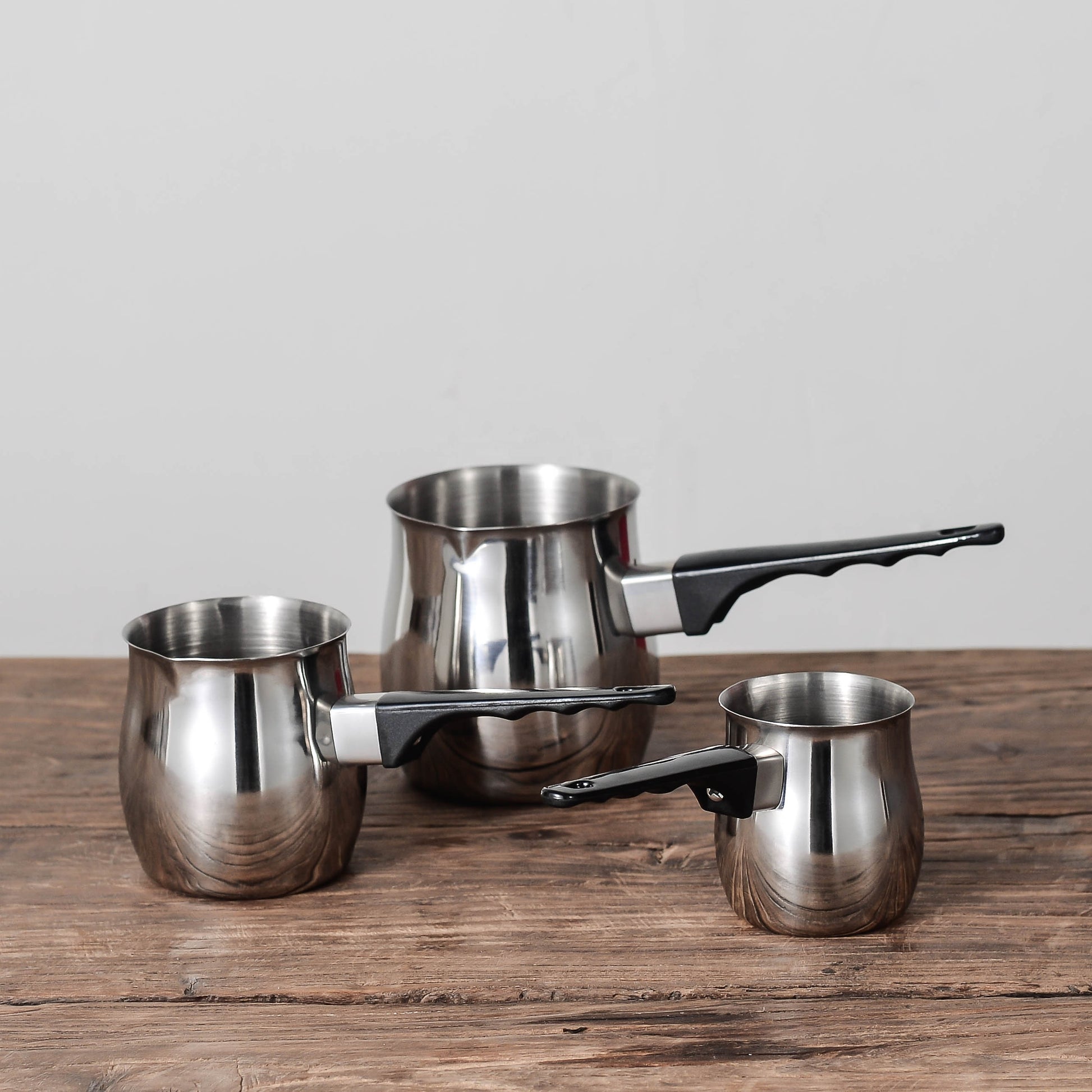Korkmaz Tombik 3 Piece Stainless Steel Turkish Coffee Pot Set in Silver
