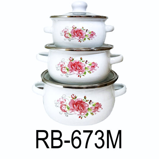 6 PC Pink Rose Enamel Mini Stockpot Set