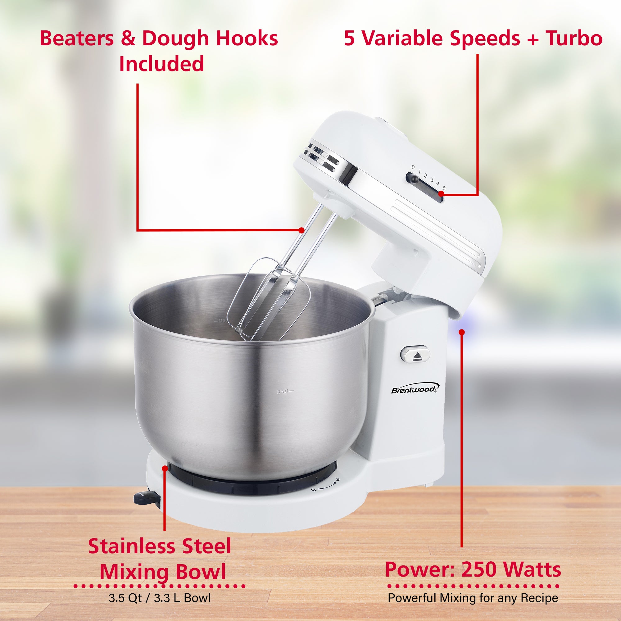 Brentwood 3.5 QT 5-Speed Stand Mixer with Stainless Steel Mixing